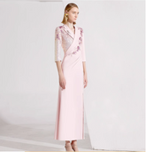 three-quarter sleeve wrap gown with sequin lapel and floral appliqué – ALINA
